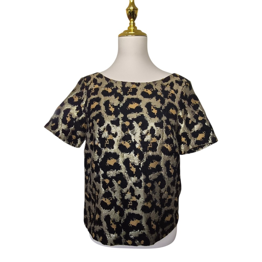Hutch Metallic Leopard Jacquard Top XS Gold Black Short Sleeve Bow Back‎ Party